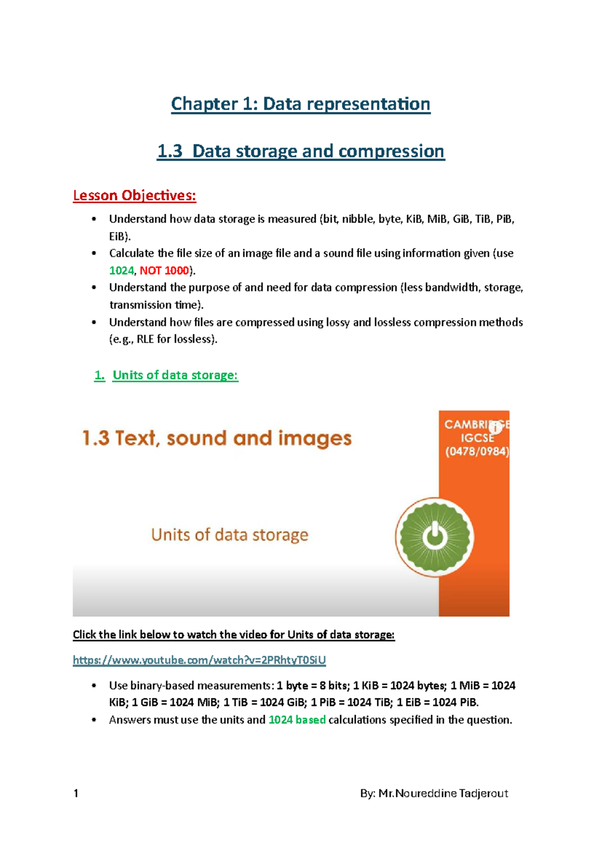 Chapter 1.3: Data Storage & Compression - Lesson Objectives - Studocu