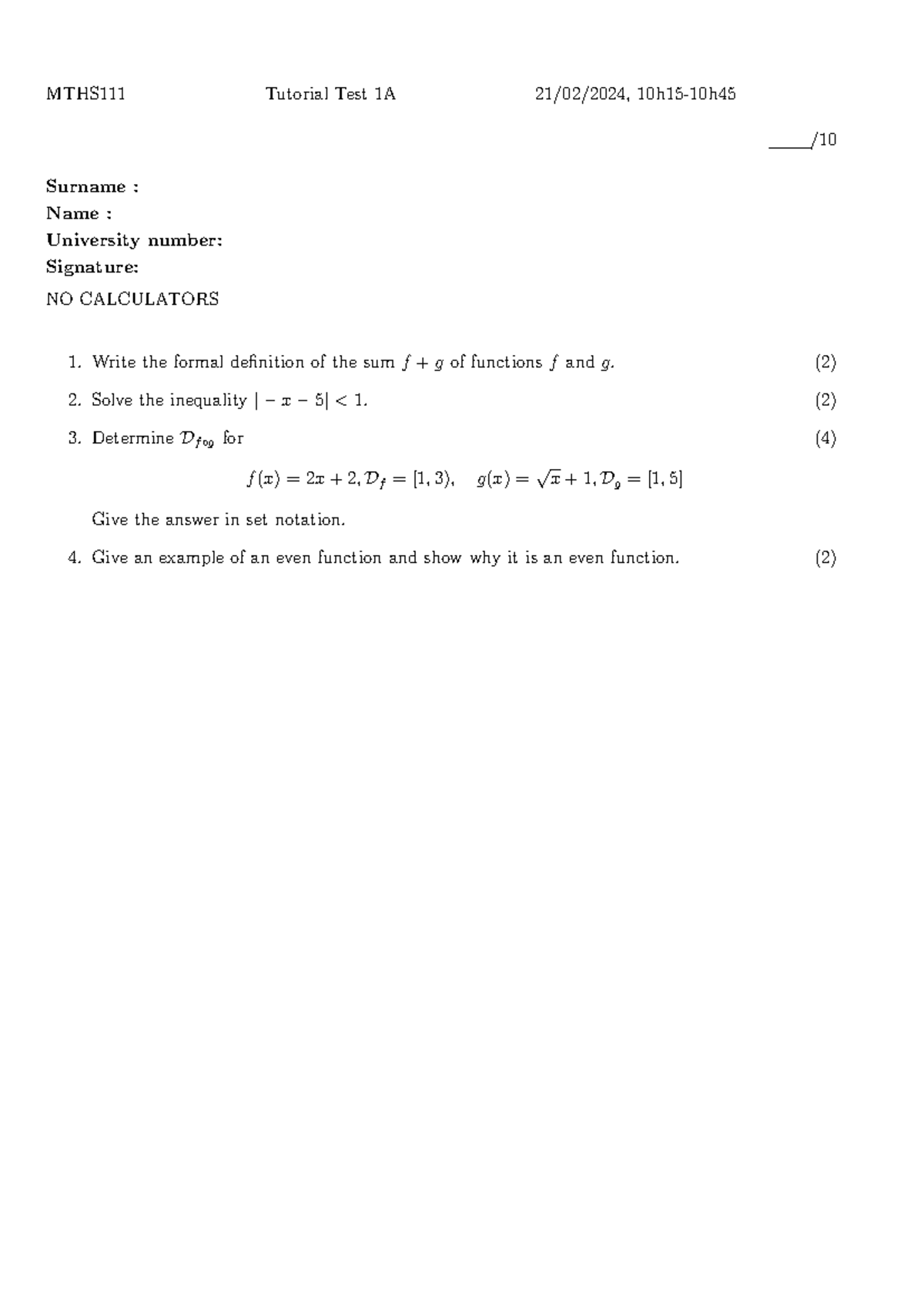 MTHS111 Test 1 2024 - first tut test - MTHS111 Tutorial Test 1A 21/02 ...