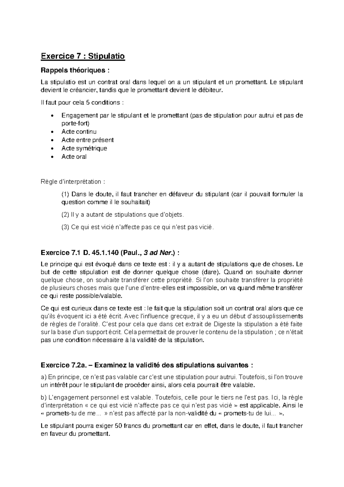 Droit Romain - Exercice 7 : La Stipulatio et Ses Conditions - Studocu