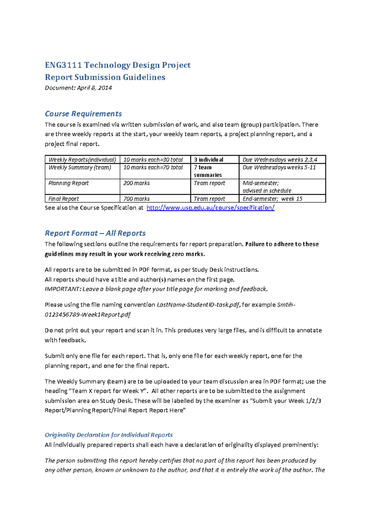 ENG3111 - Guidelines for Technology Design Project Reports - Studocu