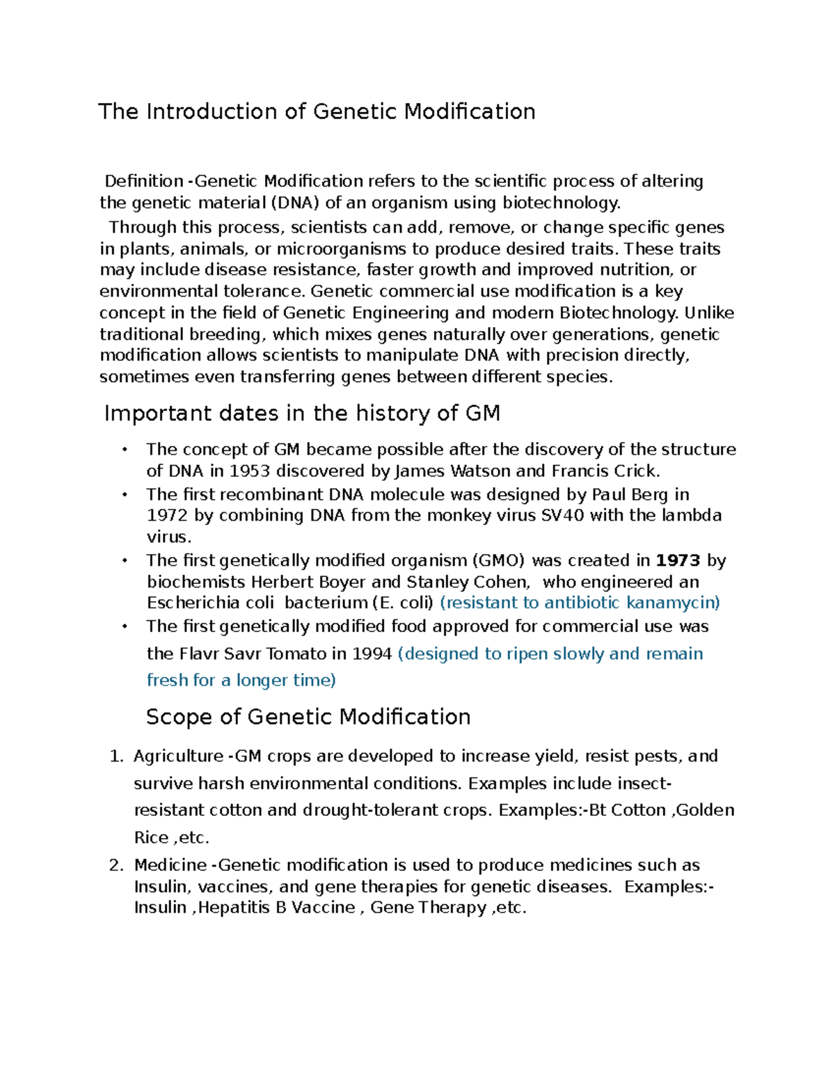 Introduction to Genetic Modification: Key Concepts and History - Studocu