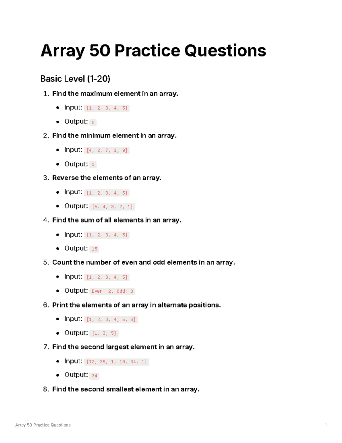 50 array practice questions for basic level understanding - Studocu
