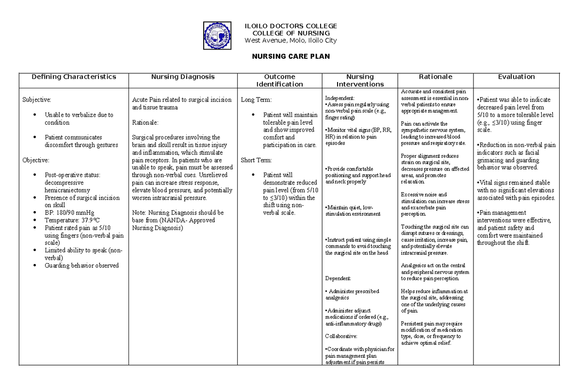 NCP ICU: Acute Pain Management Nursing Care Plan - Studocu