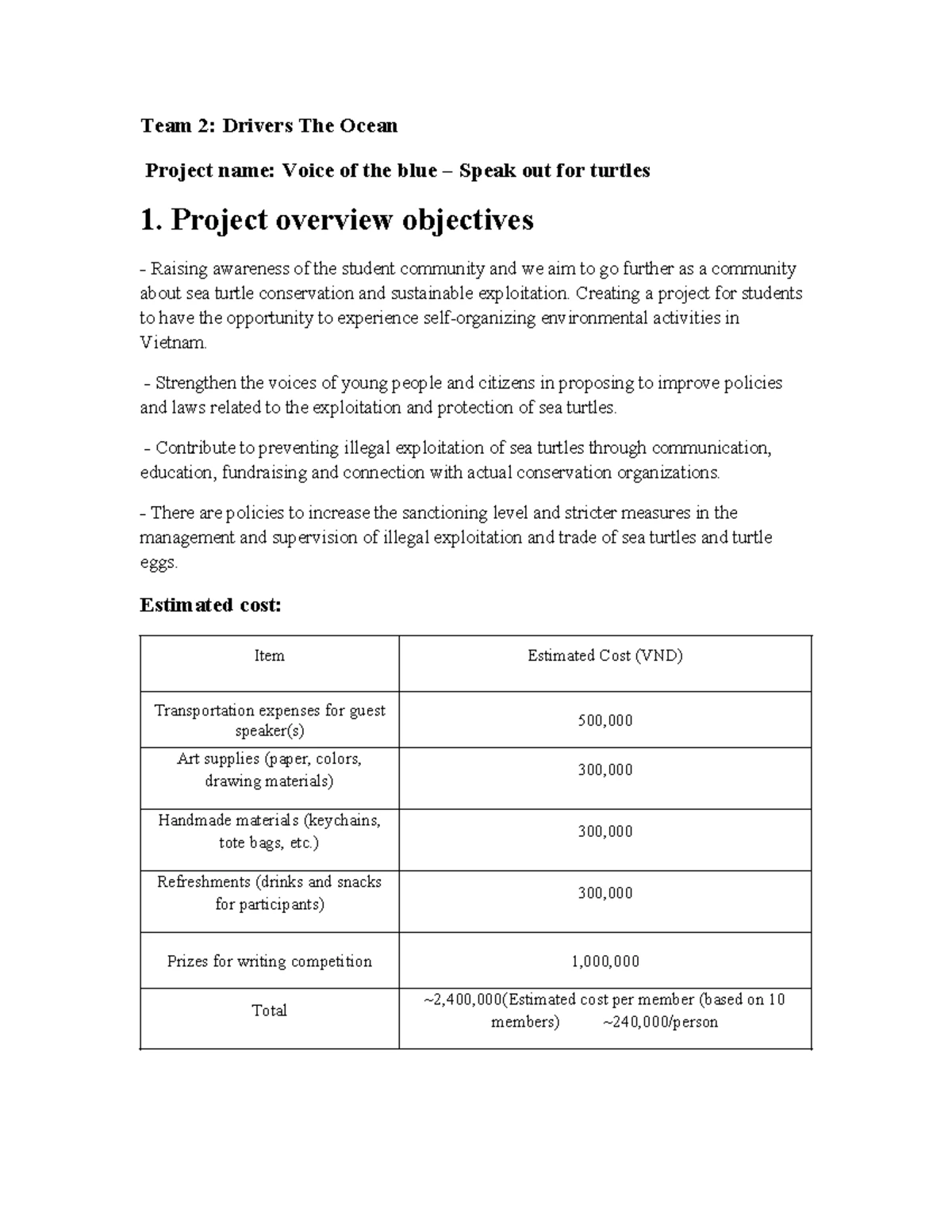 Team 2: Sea Turtle Conservation Project Overview and Activities - Studocu