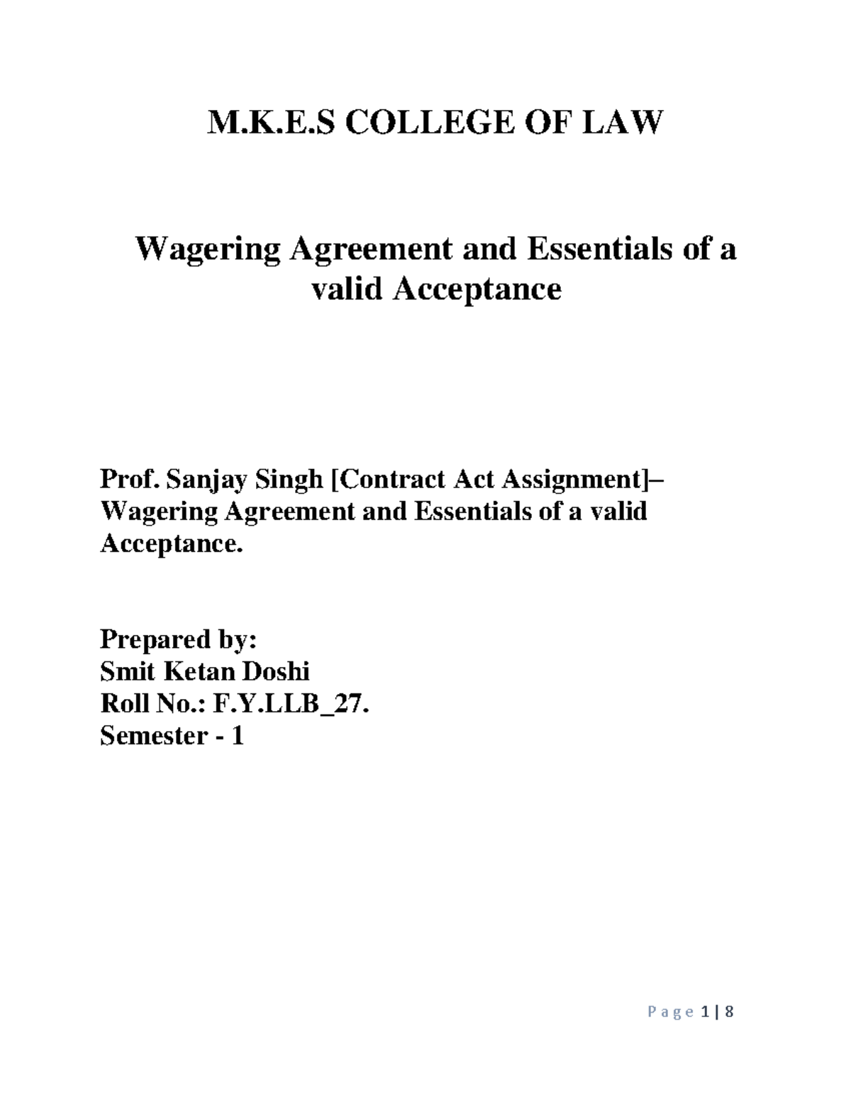 Contract Law Assignment: Wagering Agreements & Valid Acceptance - Studocu