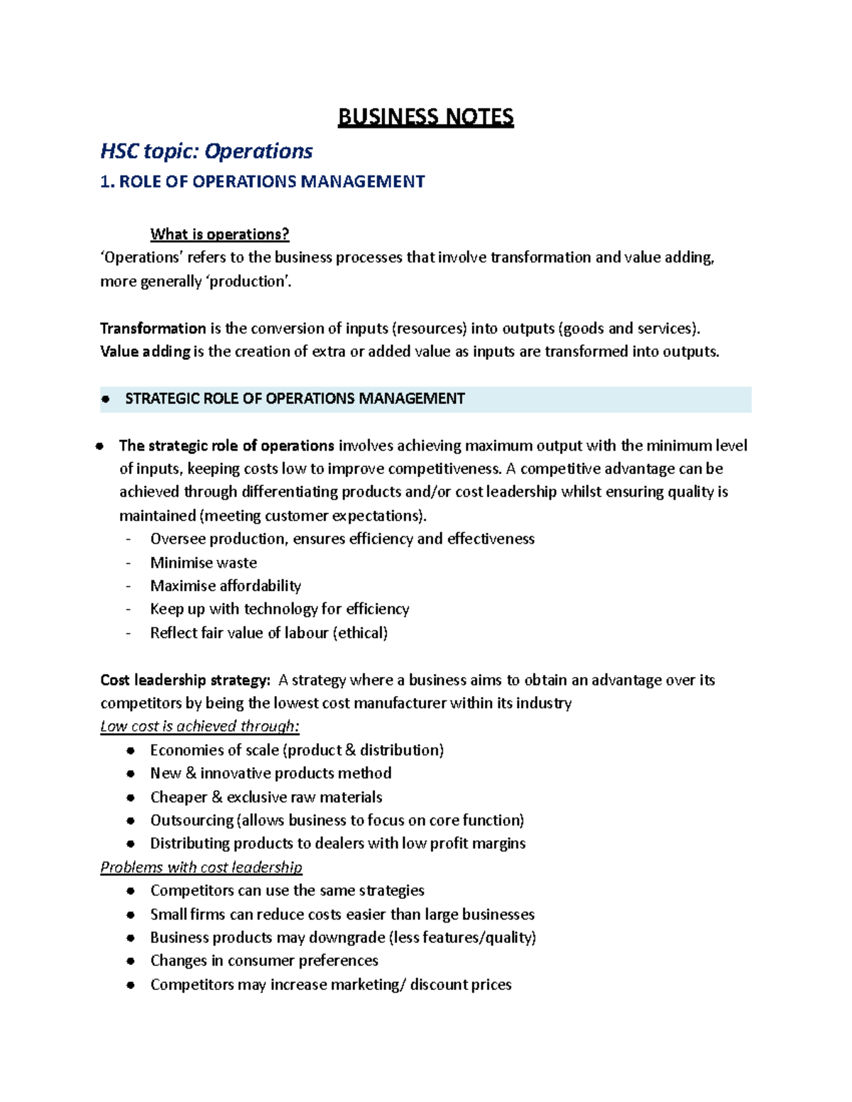 Business notes operations - BUSINESS NOTES HSC topic: Operations 1 ...