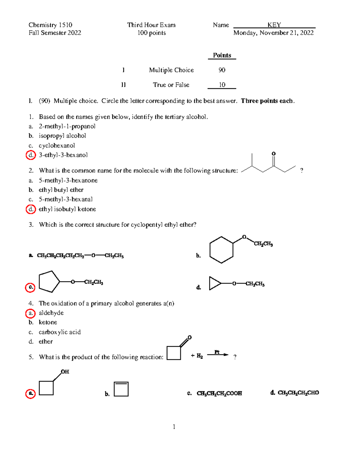 Chemistry 1510 Fall 2022 Third Hour Exam Key & Answers - Studocu