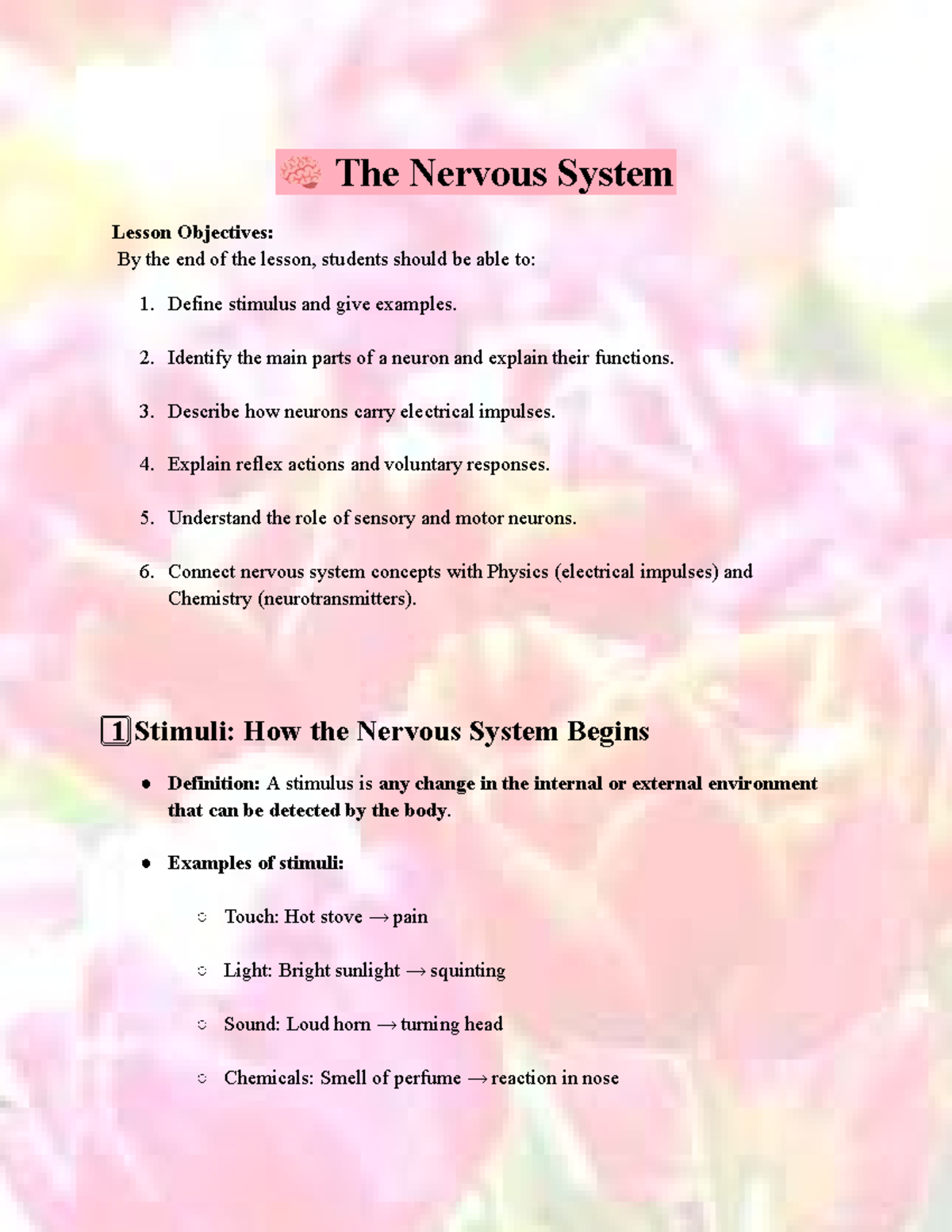 Integrated Science: The Nervous System Lesson Notes - Studocu