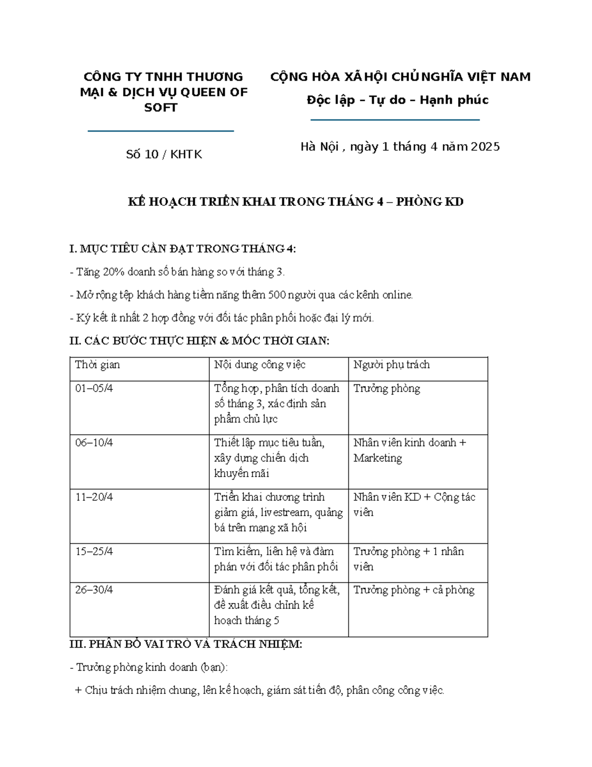 KẾ HOẠCH TRIỂN KHAI CÔNG VIỆC THÁNG 4 - PHÒNG KD SỐ 10 KHTK - Studocu