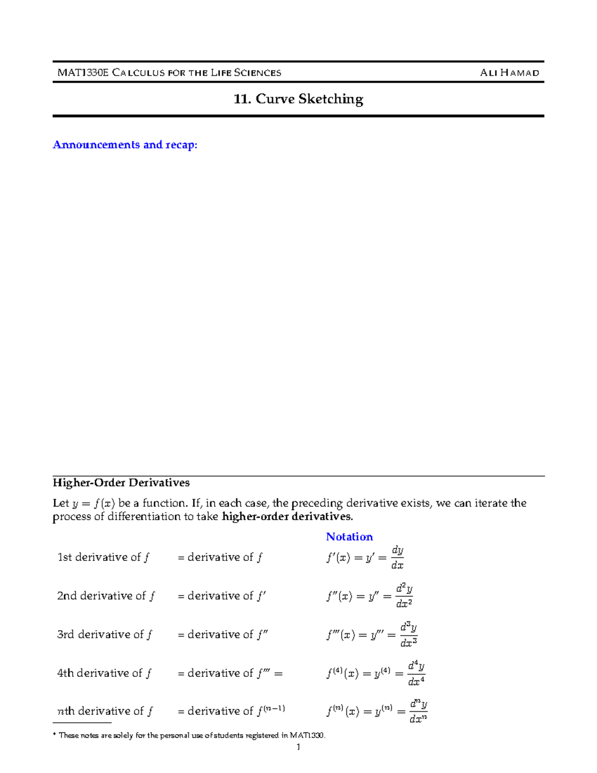 MAT1330E Lecture 11: Curve Sketching and Derivatives Recap - Studocu
