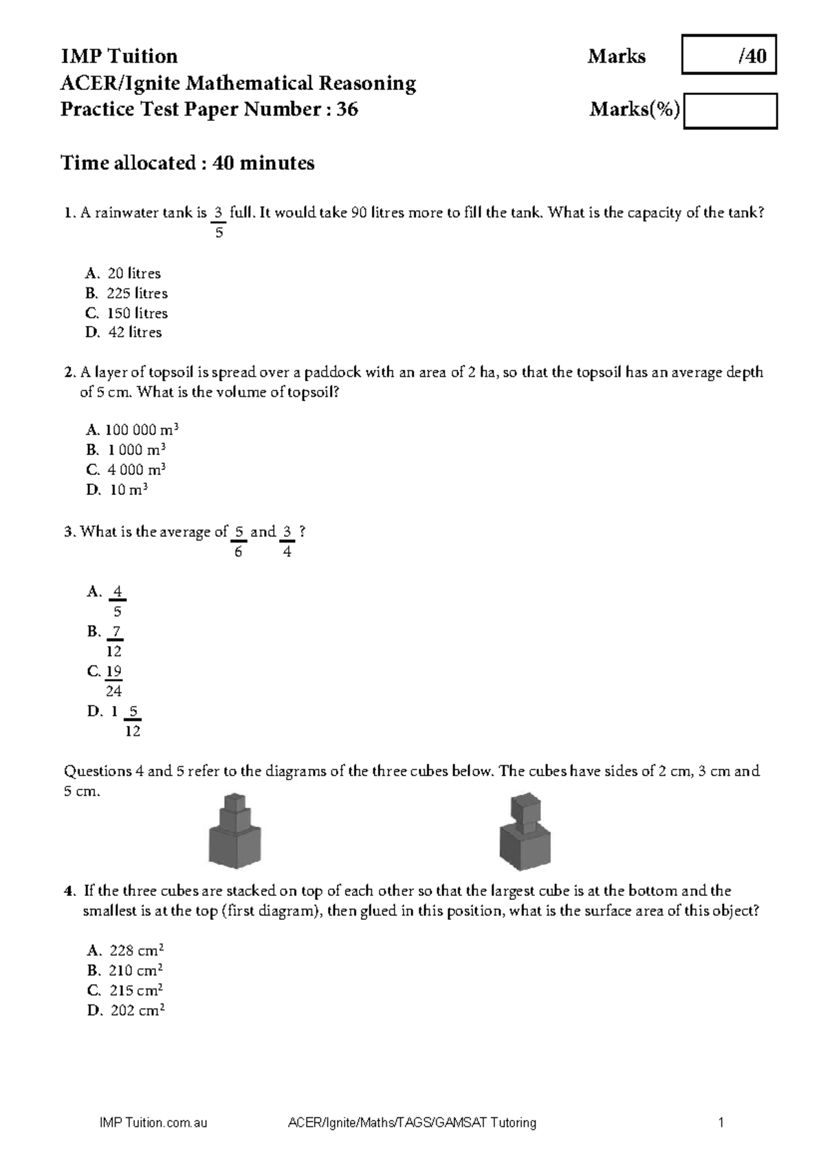 IMP Tuition Mathematical Reasoning Practice Test Paper No. 36 (40 mins ...