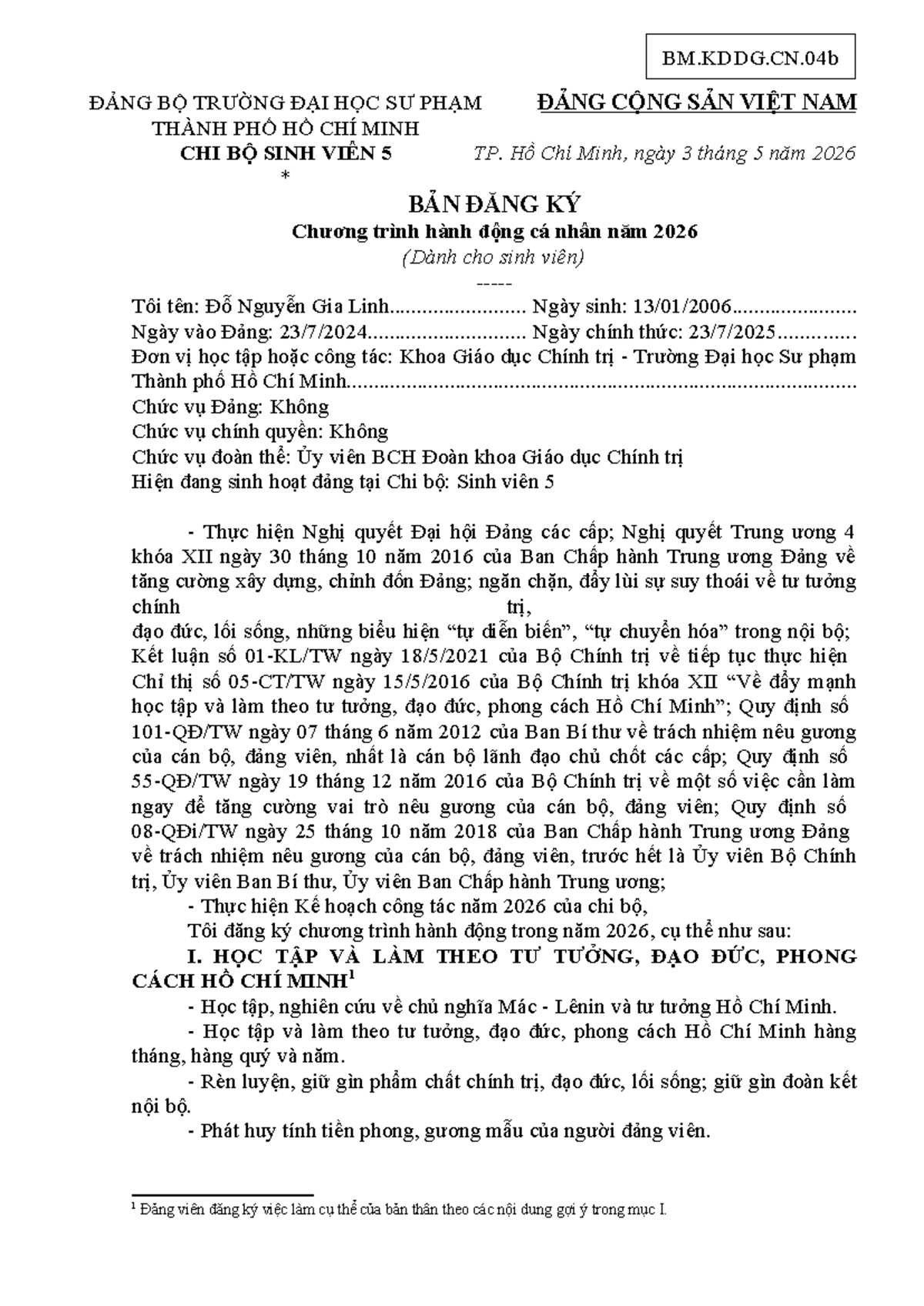 BM.KDDG.CN.04b Chương Trình Hành Động Cá Nhân Năm 2026 - Studocu