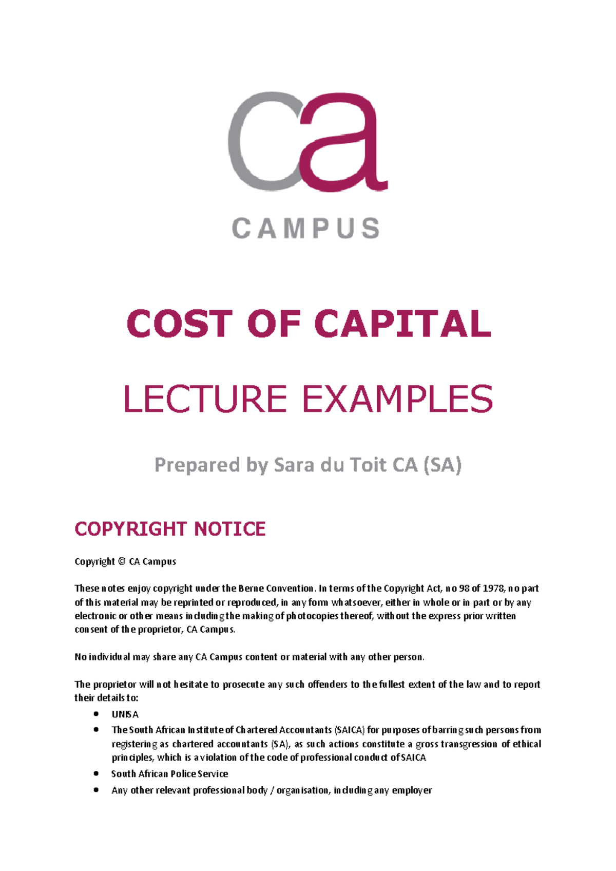 COST OF CAPITAL LECTURE EXAMPLES (CA 101) - Studocu