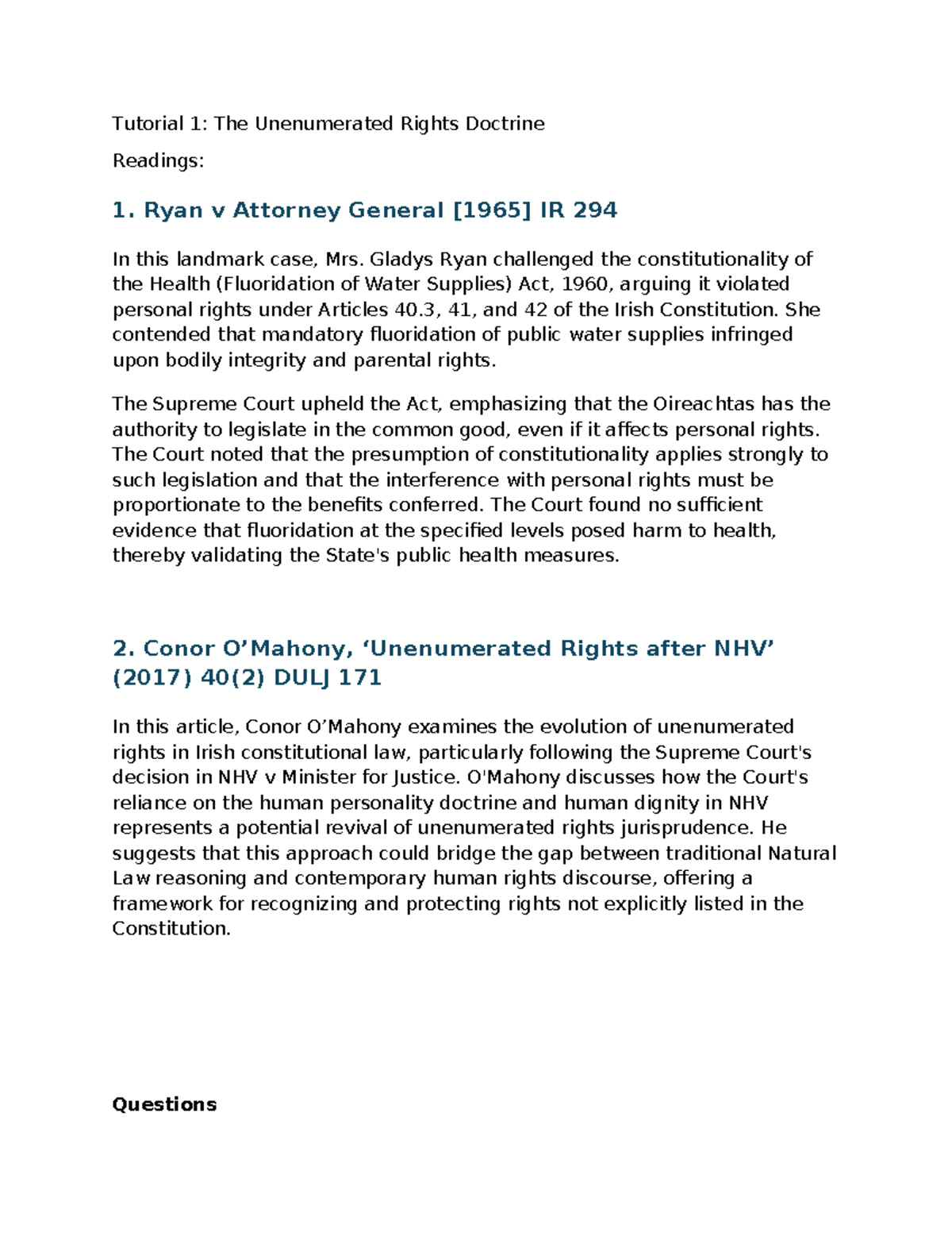 Constitutional Law 2: Tutorial 1 - Unenumerated Rights & Key Cases ...