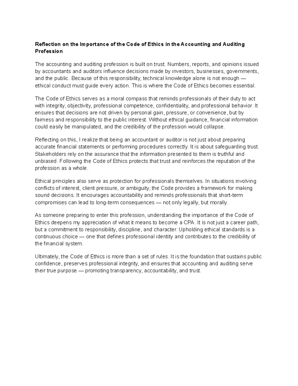Reflection on the Code of Ethics in Accounting & Auditing - Studocu