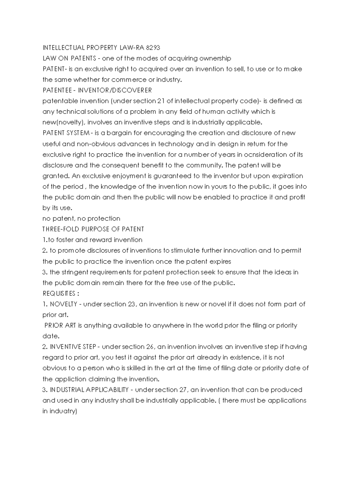 INTELLECTUAL PROPERTY 8293: Overview of Patent Law and Requirements ...