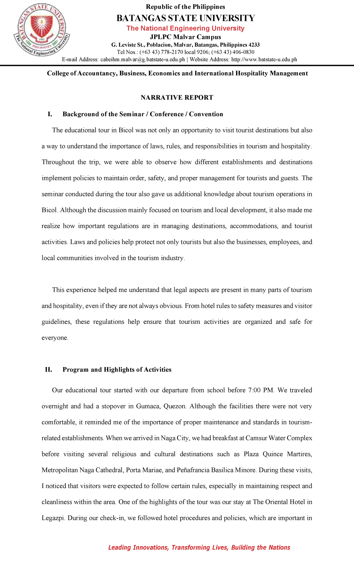 BSTM 2201 Educational Tour Narrative Report: Insights on Tourism Laws ...