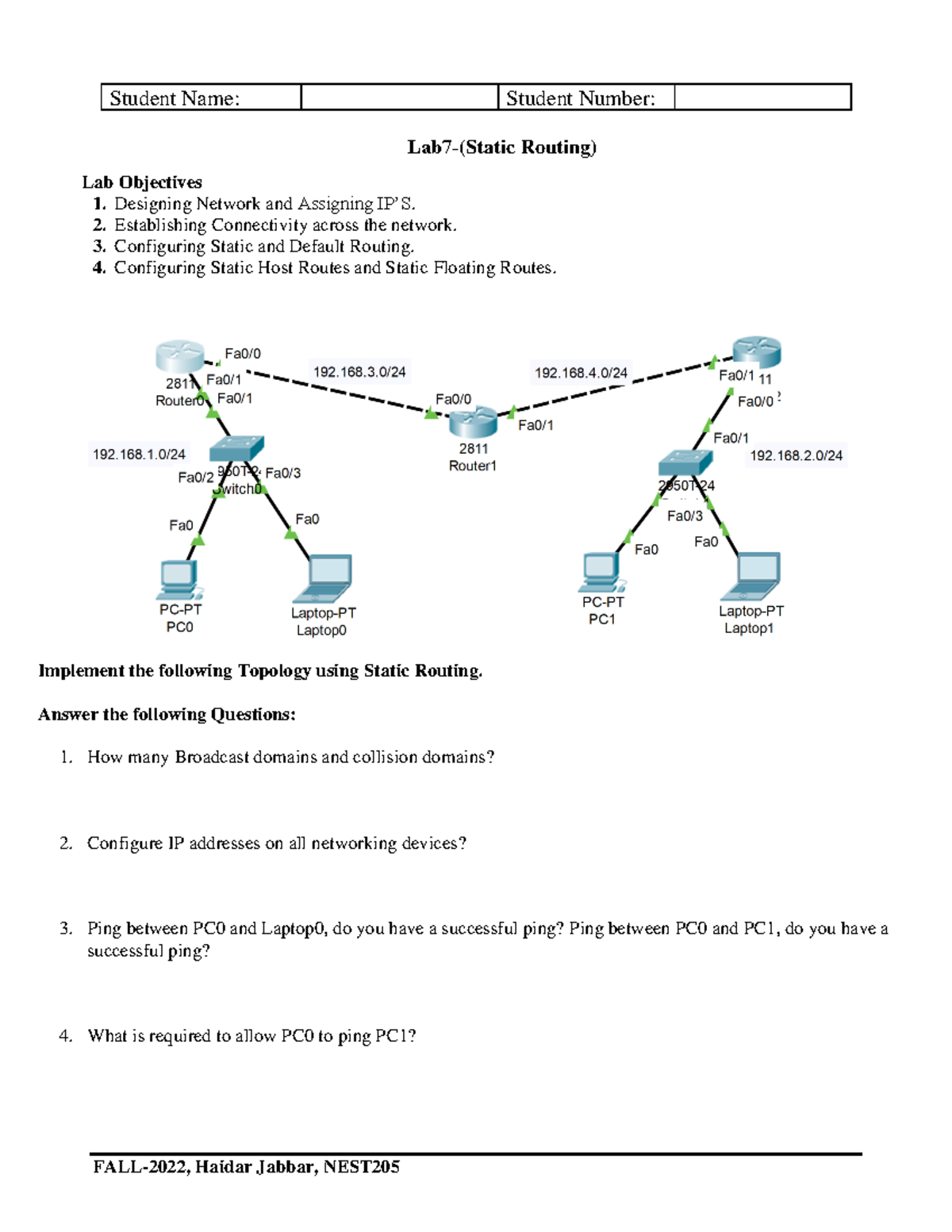 Lab-Static Routing - FALL-202 2 , Haidar Jabbar, NEST Student Name ...
