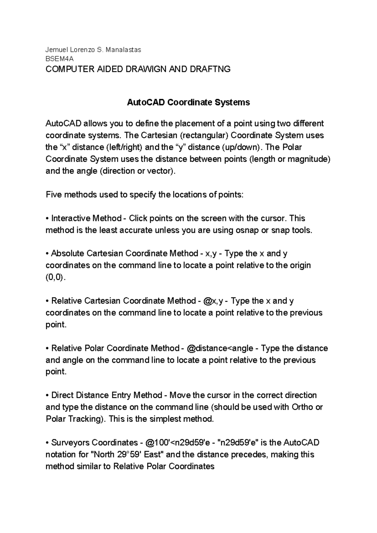 BSEM4A CADD Lecture: Understanding AutoCAD Coordinate Systems - Studocu