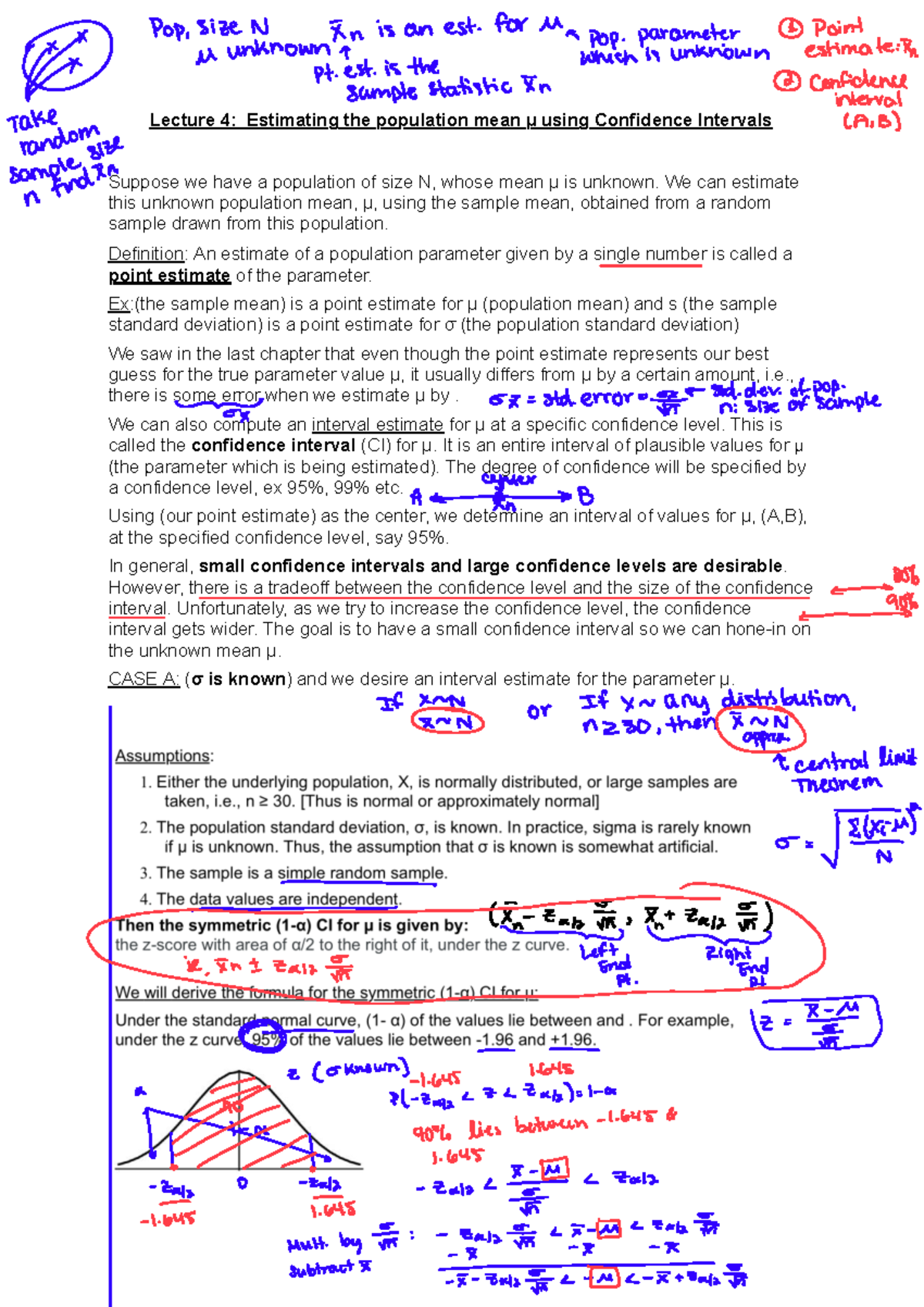 Final Exam Notes: Confidence Intervals for Population Mean µ (STAT001 ...