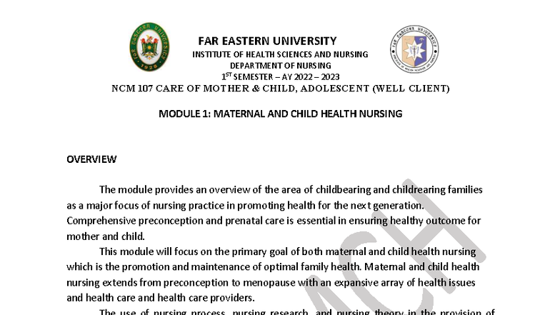 NCM 107 Module 1: Overview of Maternal and Child Health Nursing - Studocu