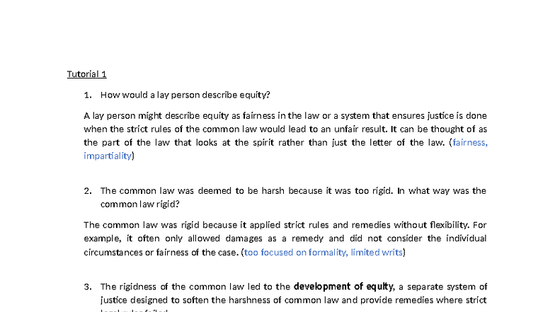 Tutorial 1a: Understanding Equity and Common Law Principles - Studocu