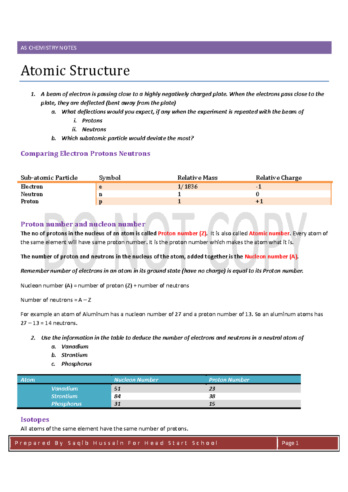 Atomic Structure - A level course - AS CHEMISTRY NOTES P r e p a r e d ...