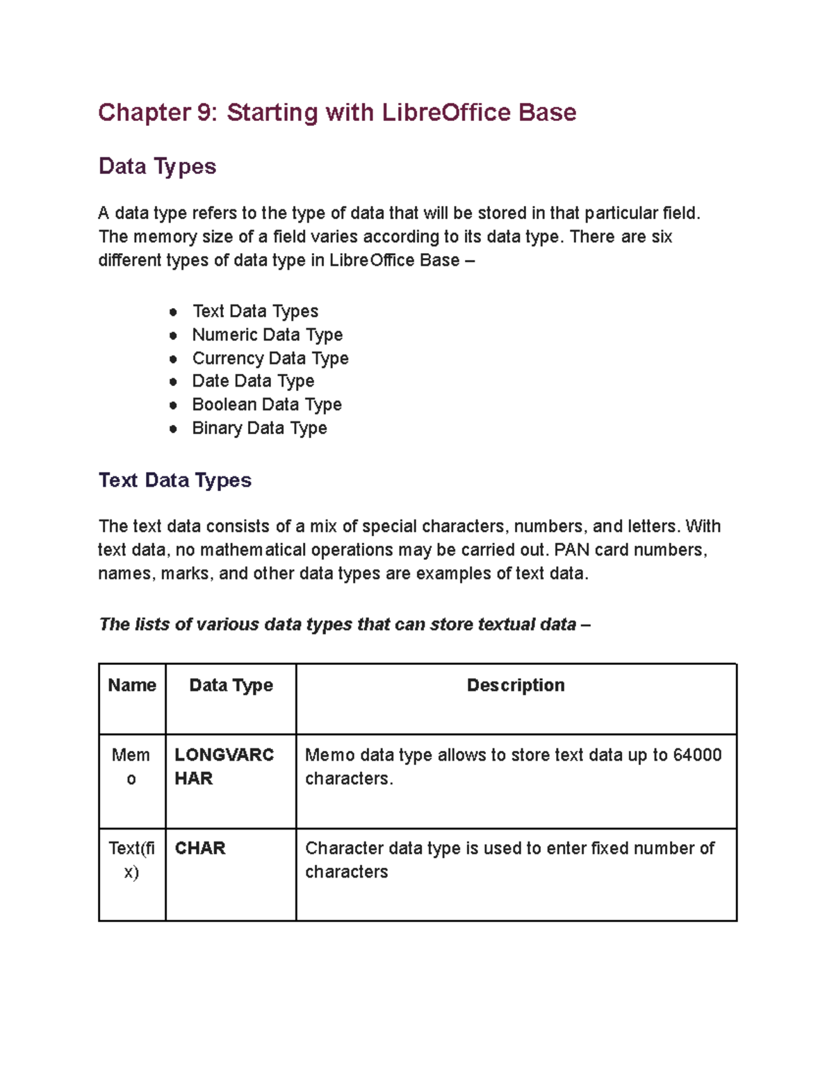 DBMS Chapter 9: Introduction to LibreOffice Base Data Types - Studocu