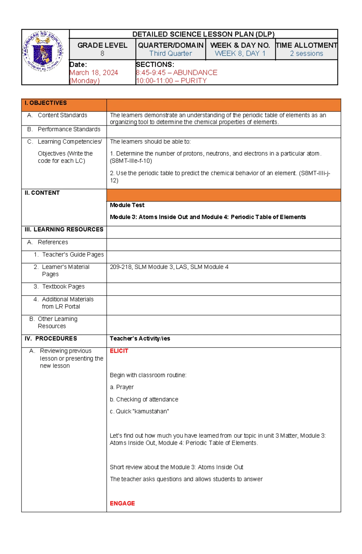 Science 8 Lesson Plan: Understanding Atomic Number & Mass - Studocu