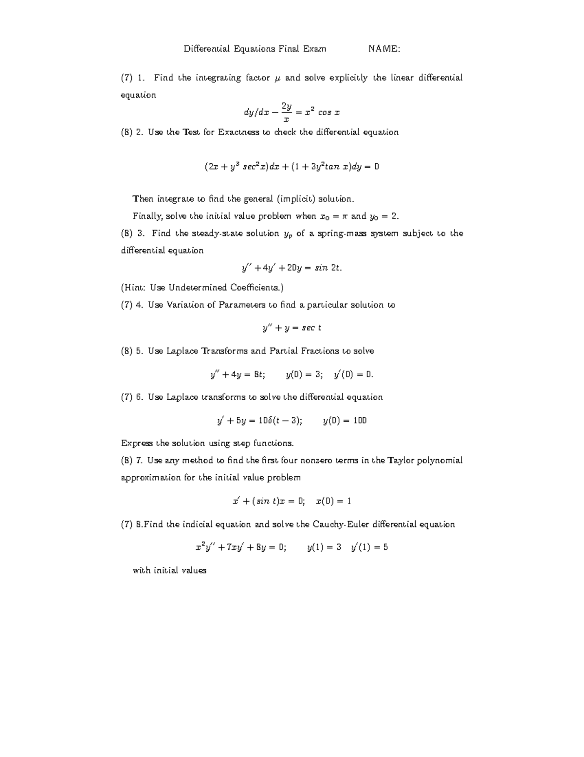 Differential Equations Final Exam Solutions (Course Code: DE101) - Studocu