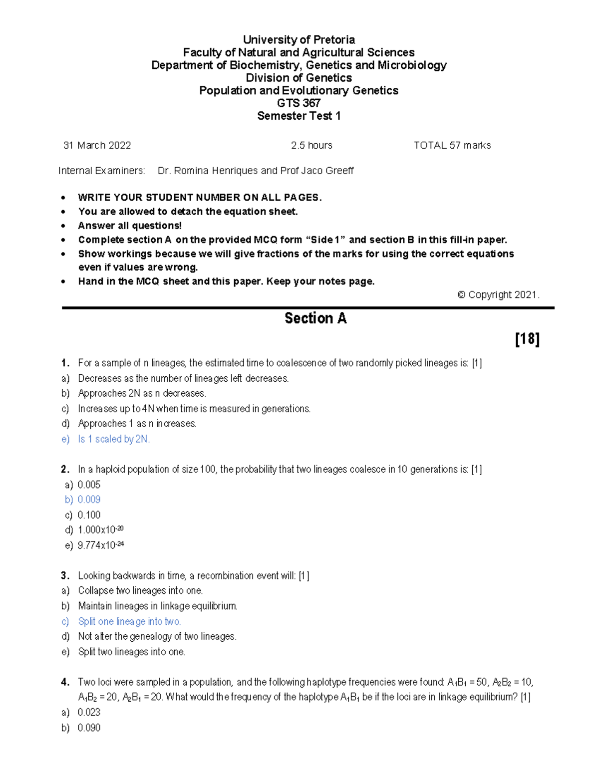 GTS 367 Population and Evolutionary Genetics Semester Test 1 Practice ...