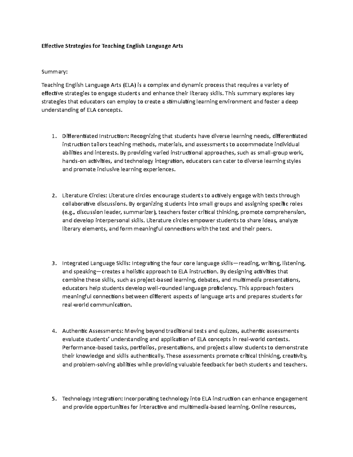 Effective Strategies for Teaching English Language Arts (SUMMARY ...