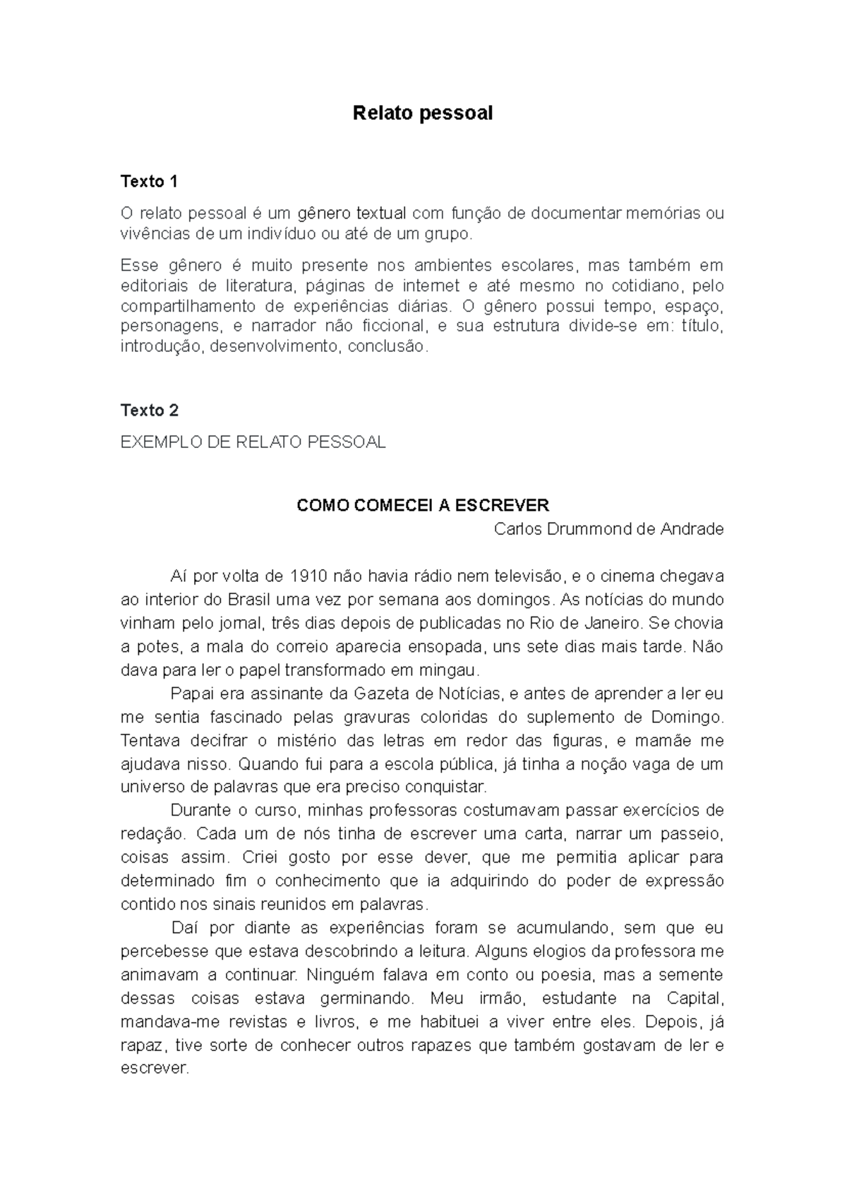 Relato Pessoal: Estrutura e Exemplos de Texto 1 e 2 - Studocu