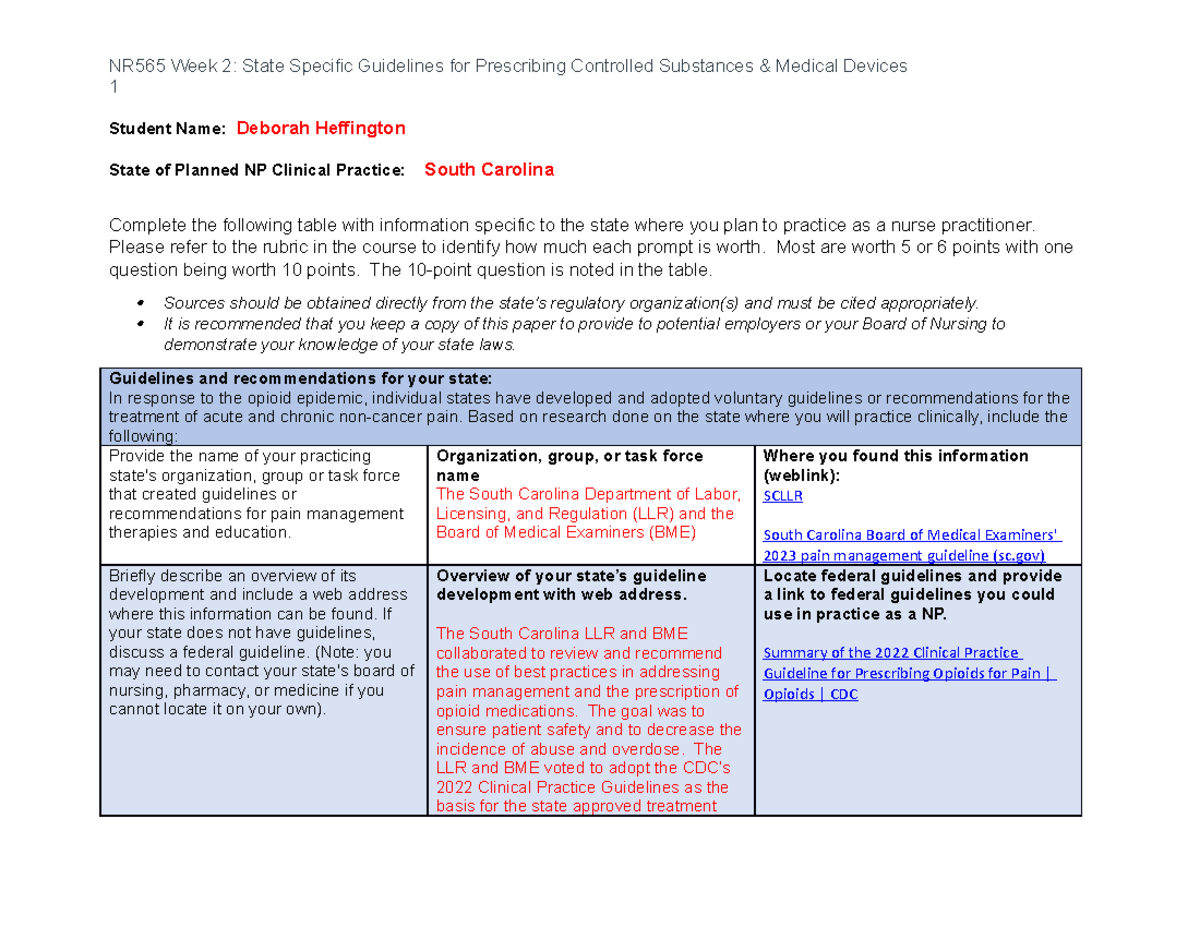 NR565 Week 2 NP Clinical Practice Guidelines for South Carolina - Studocu