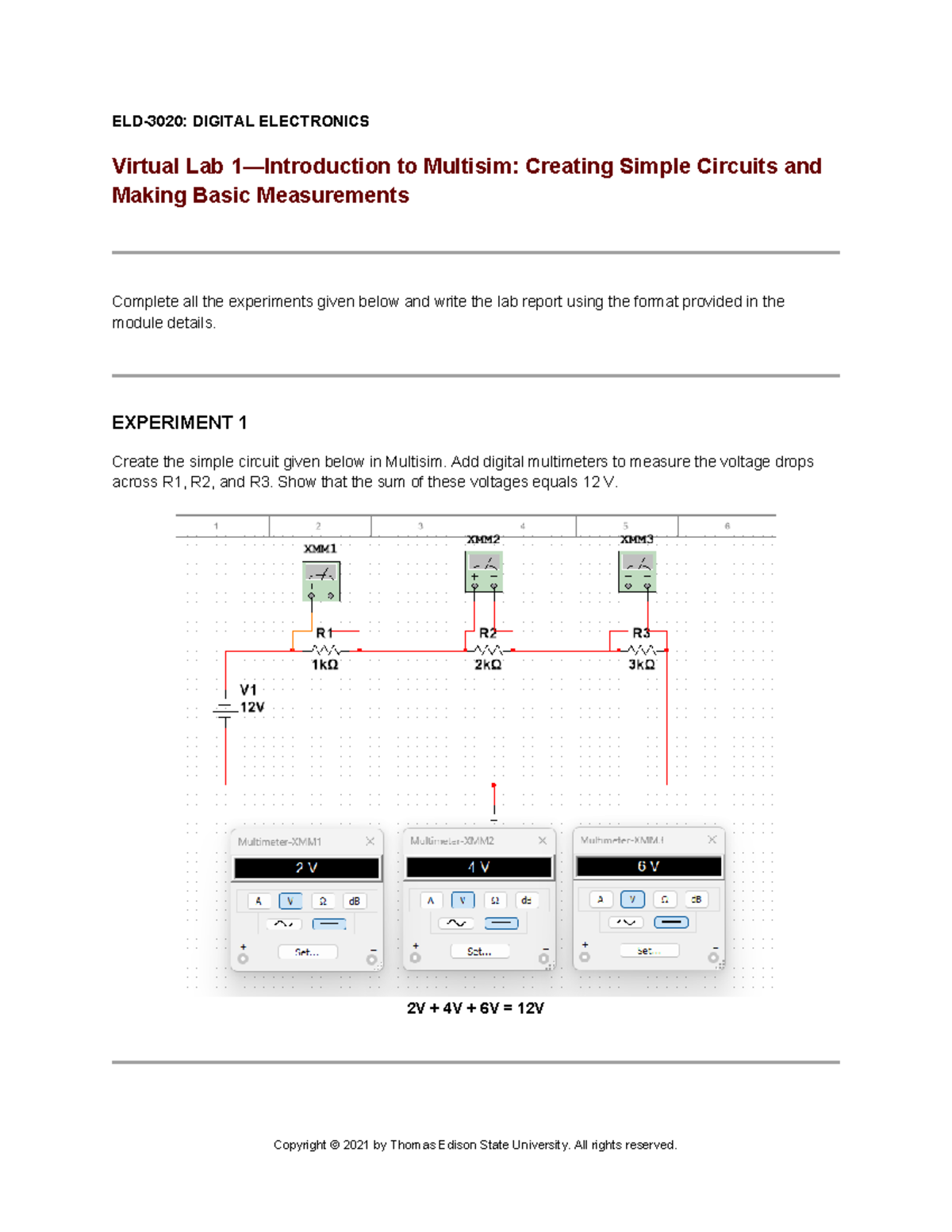 Virtual Lab 1: Intro to Multisim in ELD-3020 - Simple Circuits - Studocu