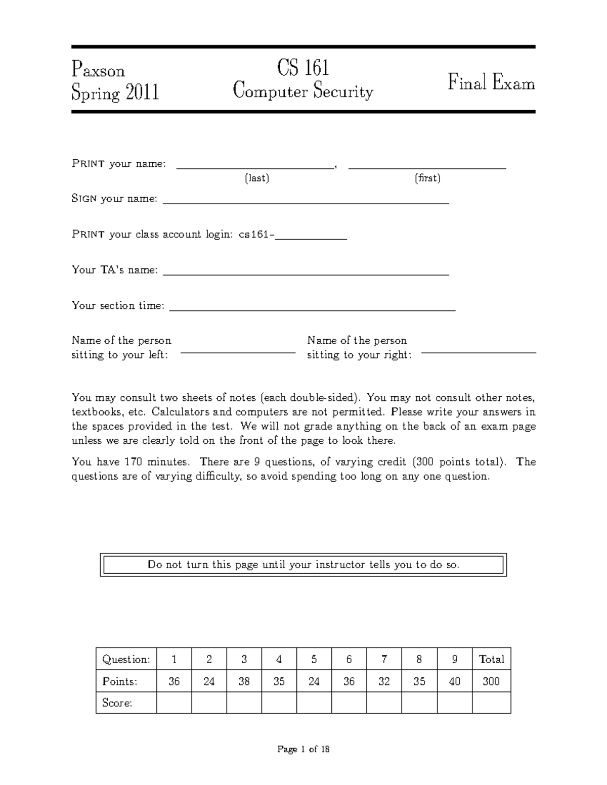 CS 161 Computer Security Final Exam Review Notes - Spring 2011 - Studocu