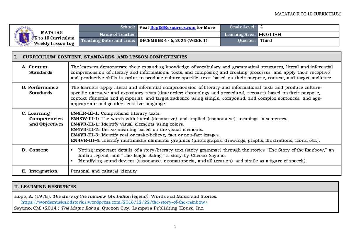 DLL Matatag English 4 Q3 W1 Weekly Lesson Plan and Activities - Studocu