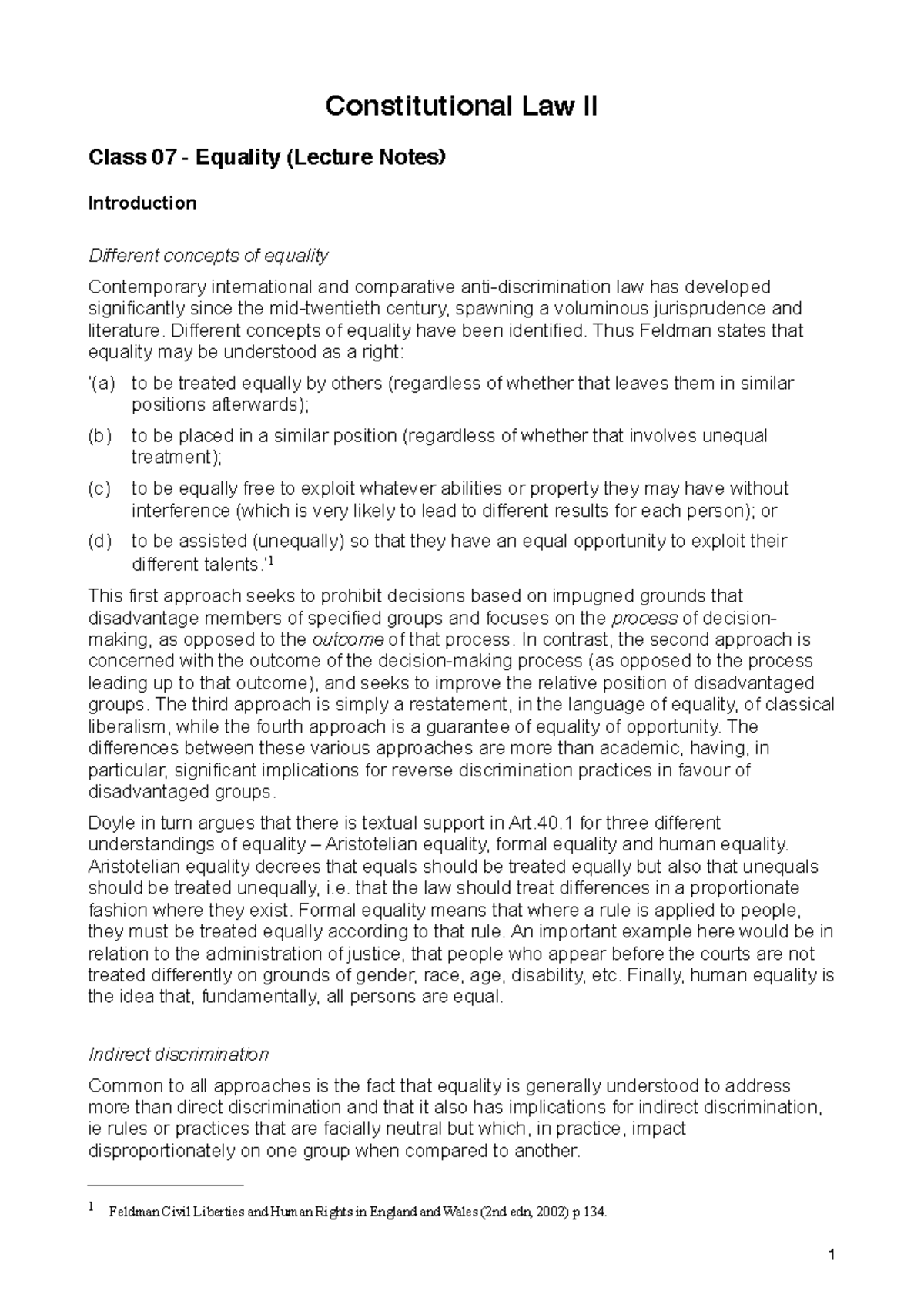 Class 07 - Equality (Lecture Notes)(1) (1) copy - Constitutional Law II ...