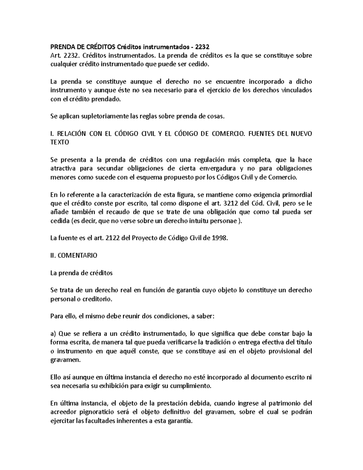 Prenda de Créditos: Análisis del Art. 2232 y Jurisprudencia Aplicada - Document Preview