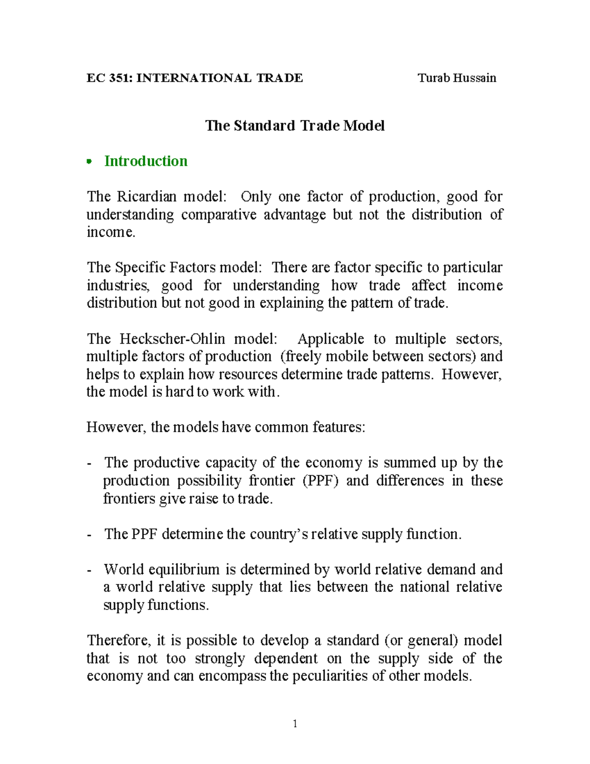 EC 351: Lecture 6 - The Standard Trade Model and Its Implications - Studocu