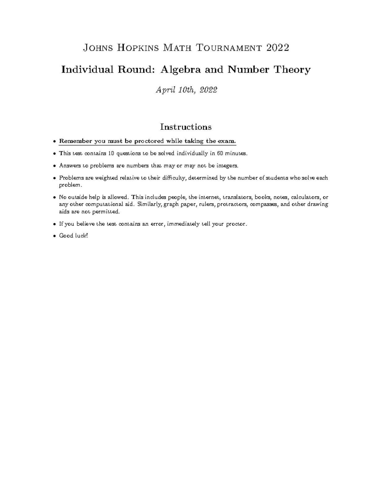 JHMT 2022 Algebra and Number Theory Individual Round Exam with Answers ...