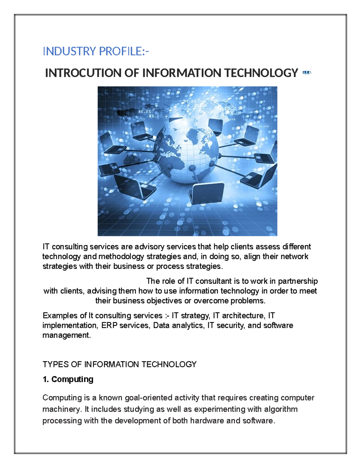 Introduction to Information Technology: IT Industry Overview 123 - Studocu
