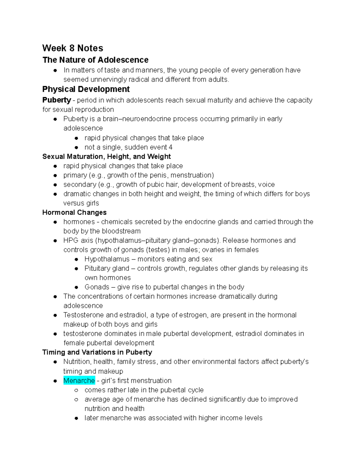 Human Development HD 101 Week 8 Notes The Nature Of Adolescence 