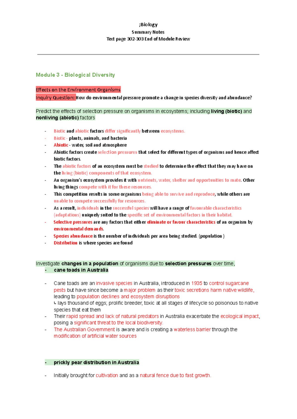 Bio Notes - noted mod - ;Biology Summary Notes Text page 302-303 End of ...