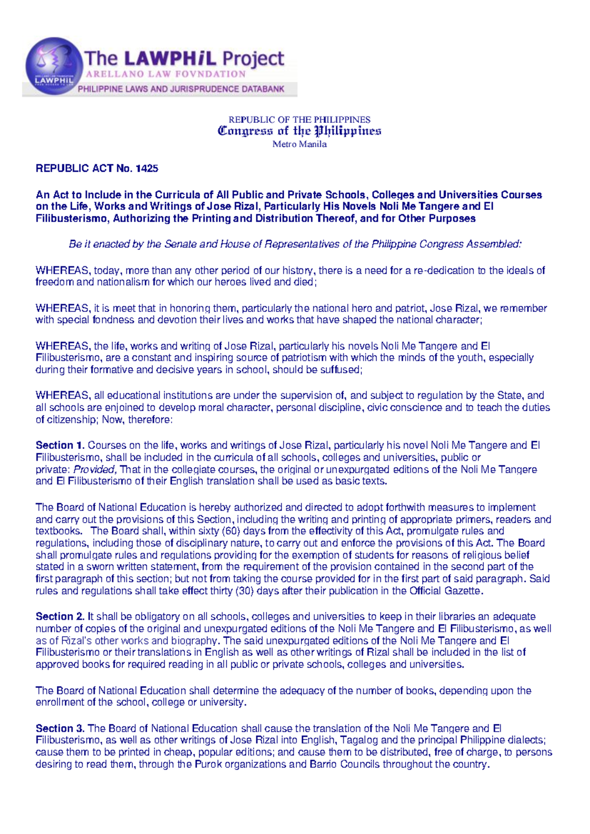 RA 1425 - Bill - REPUBLIC ACT No. 1425 An Act to Include in the ...