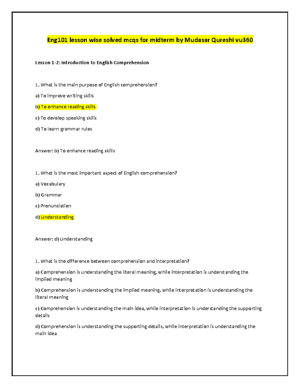 ENG101 Midterm MCQs: Lesson-wise Solutions by Mudasar Qureshi - Studocu