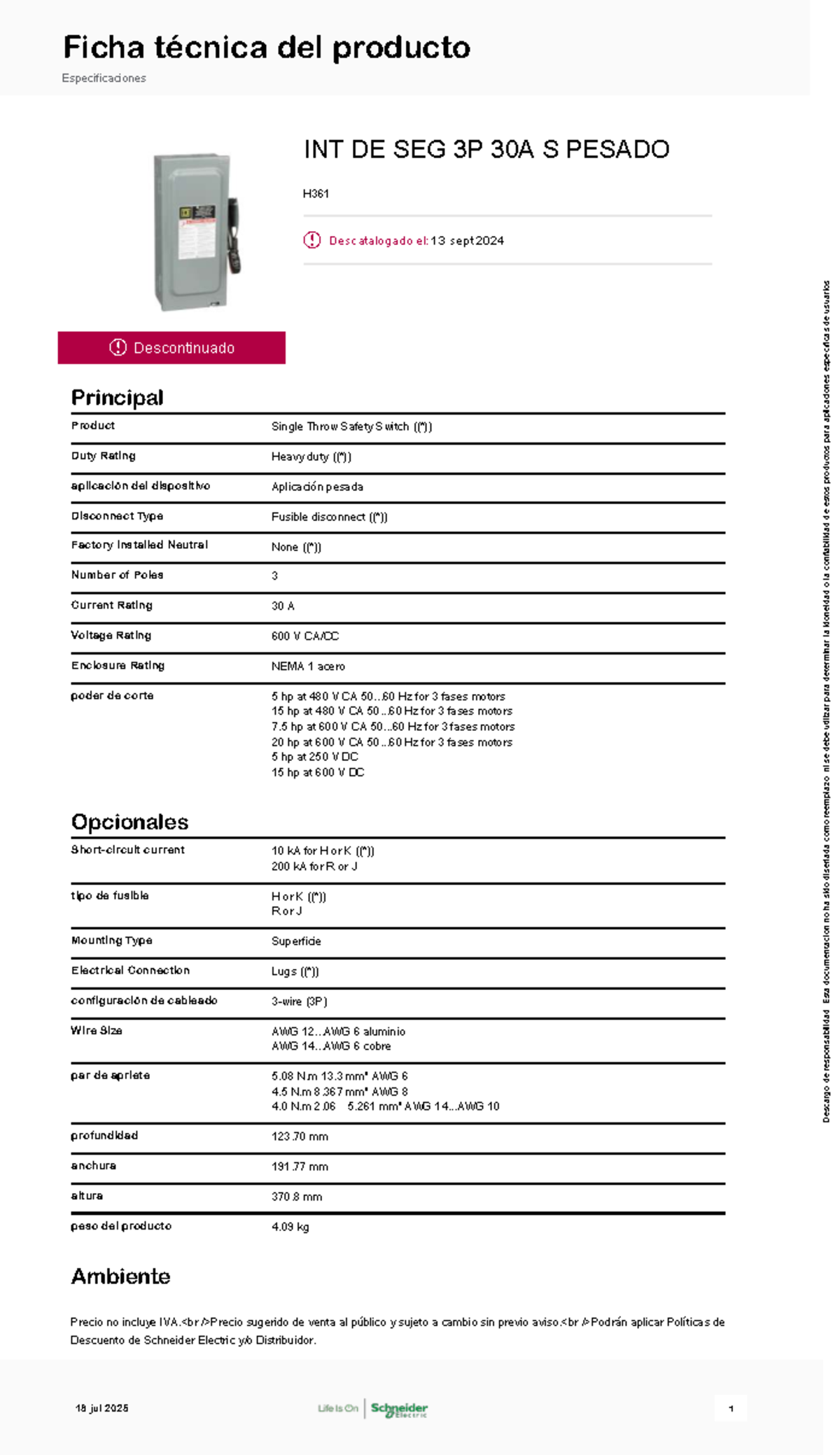 Especificaciones del Interruptor de Seguridad H361 INT DE SEG 3P 30A ...