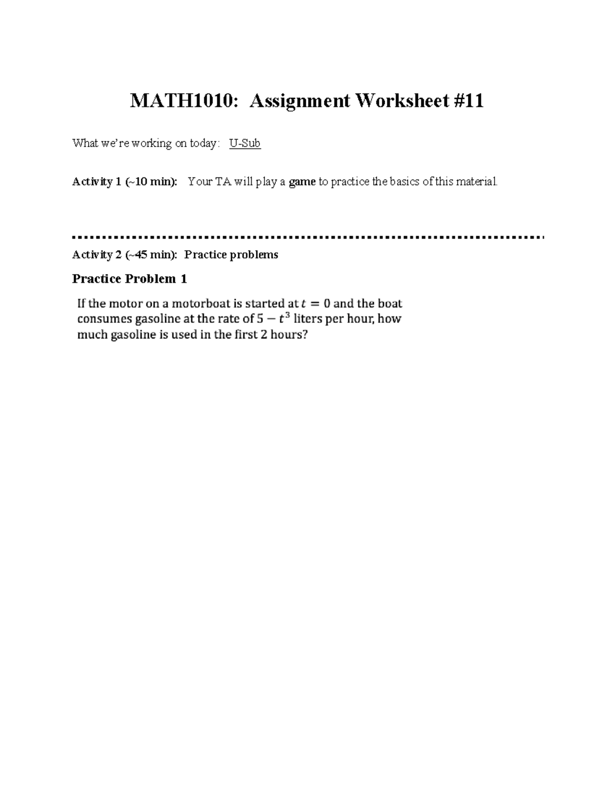 Tutorial 11 Worksheet - MATH1010U - MATH1010: Assignment Worksheet What ...