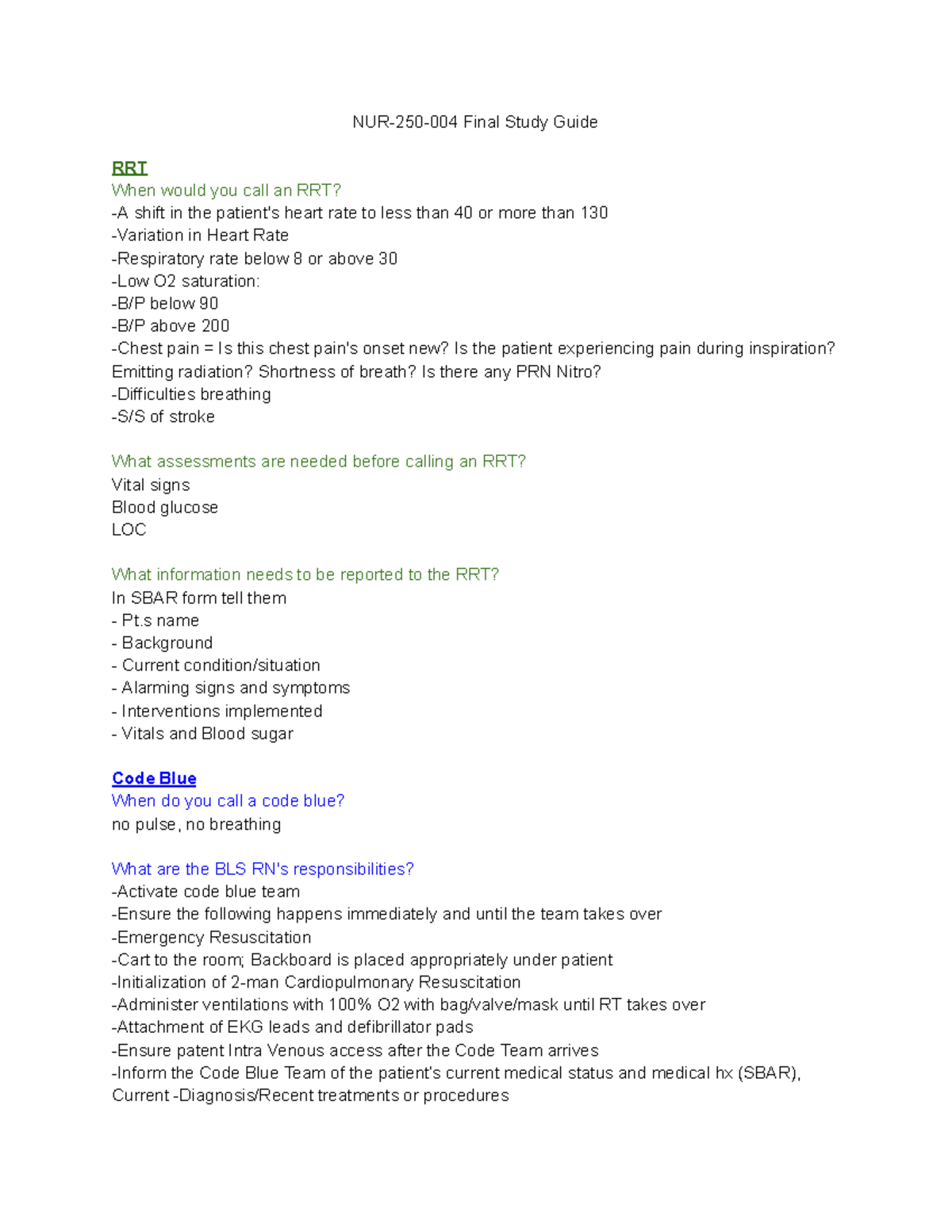 Final Study Guide: RRT & Code Blue Protocols for Nursing (250) - Studocu
