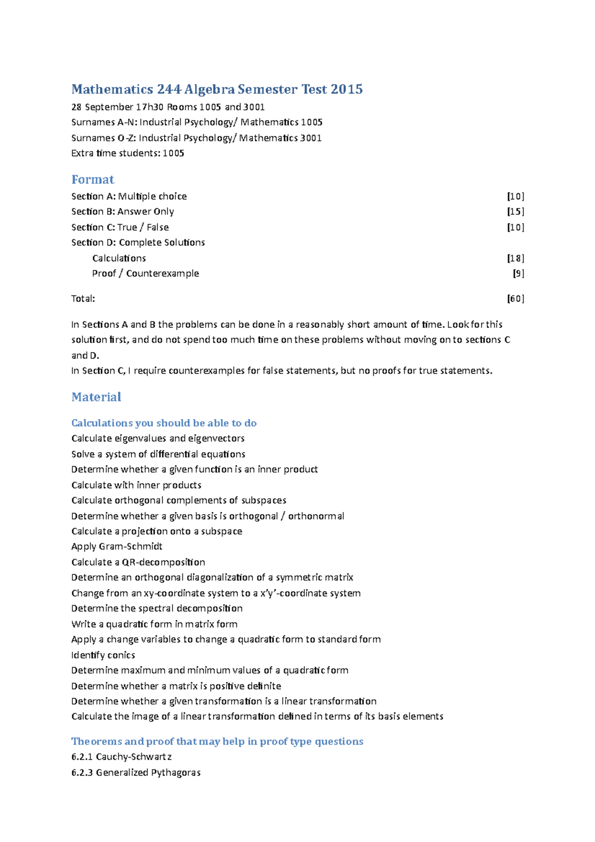 Mathematics 244 Algebra Semester Test 2015 Guide and Solutions - Studocu